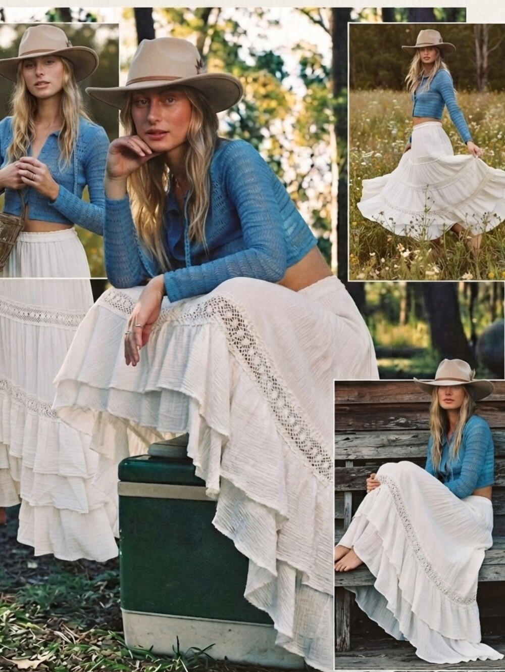 Boho White High-Low Tiered Maxi Skirt with Lace Inset